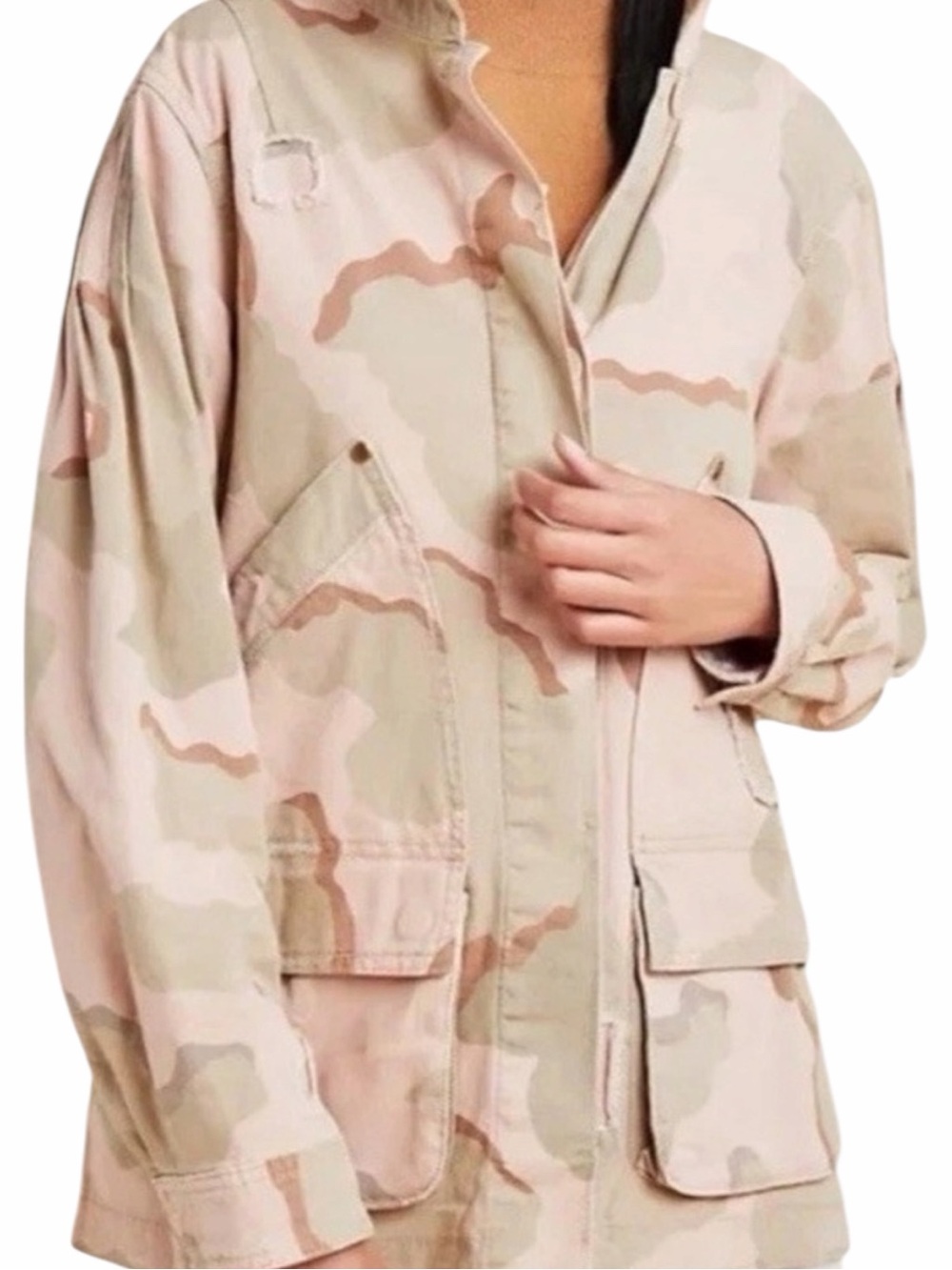 Anthropologie Lida Camo Utility Field Jacket Pink Tan Cotton Womens XL